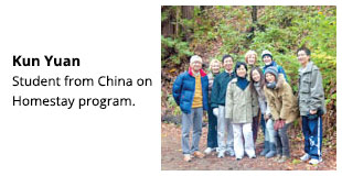 Seven internationals and two volunteers on a forest hike. Same image used for page banner photo.